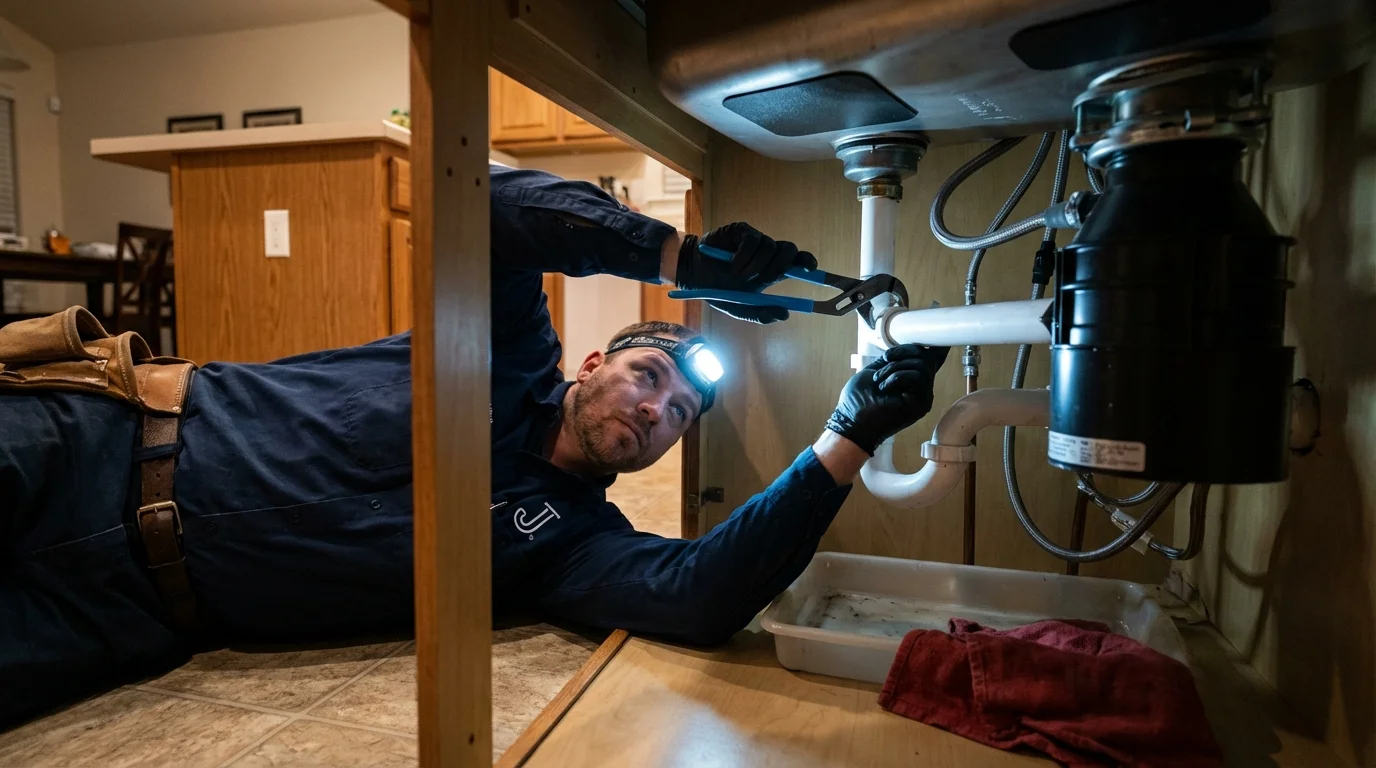 P-trap and supply line connections under a kitchen sink showing a common leak point in Manchester, MD